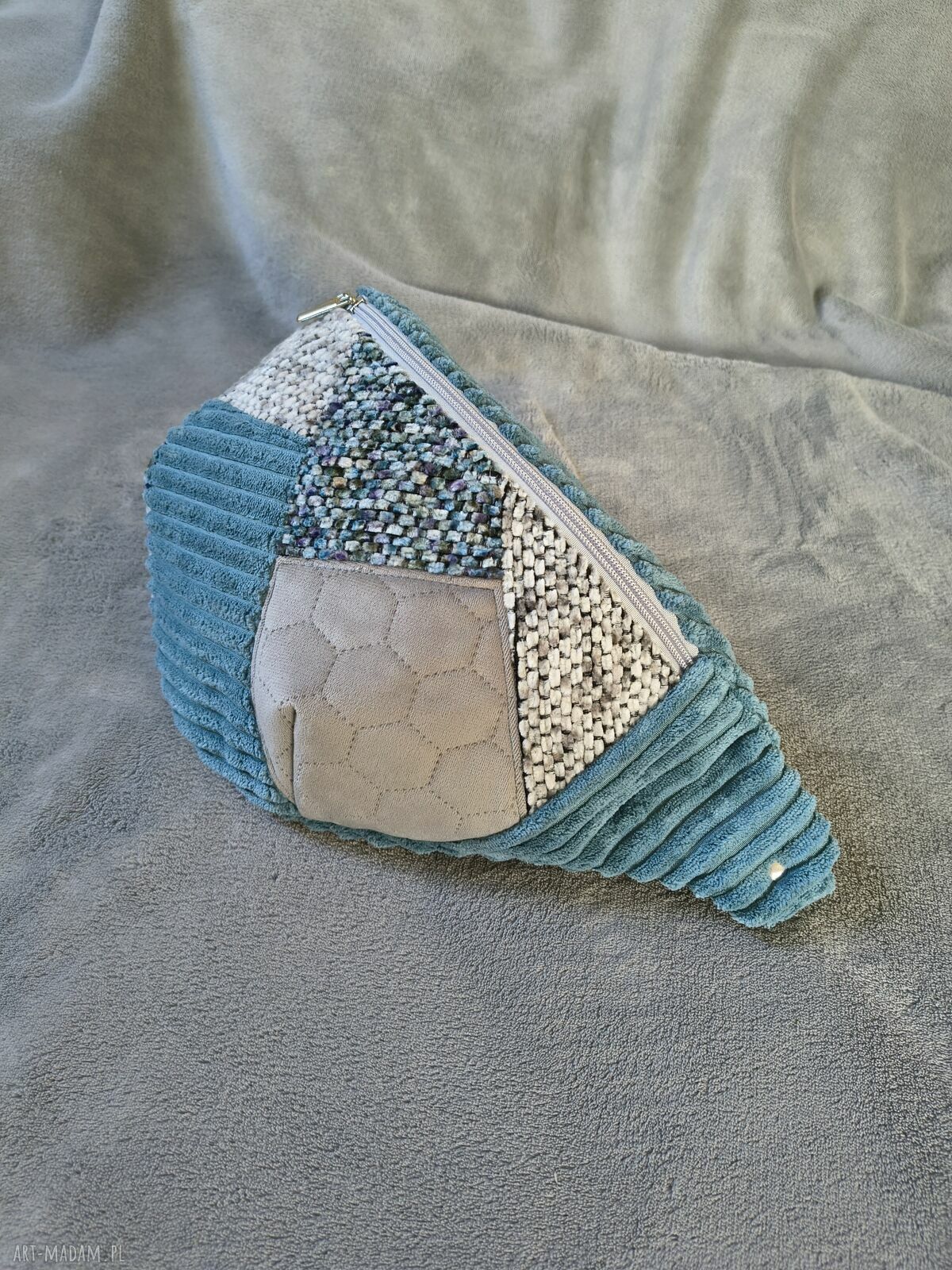 Patchworkowa welurowa nerka XXL szaro-turkusowa - handmade