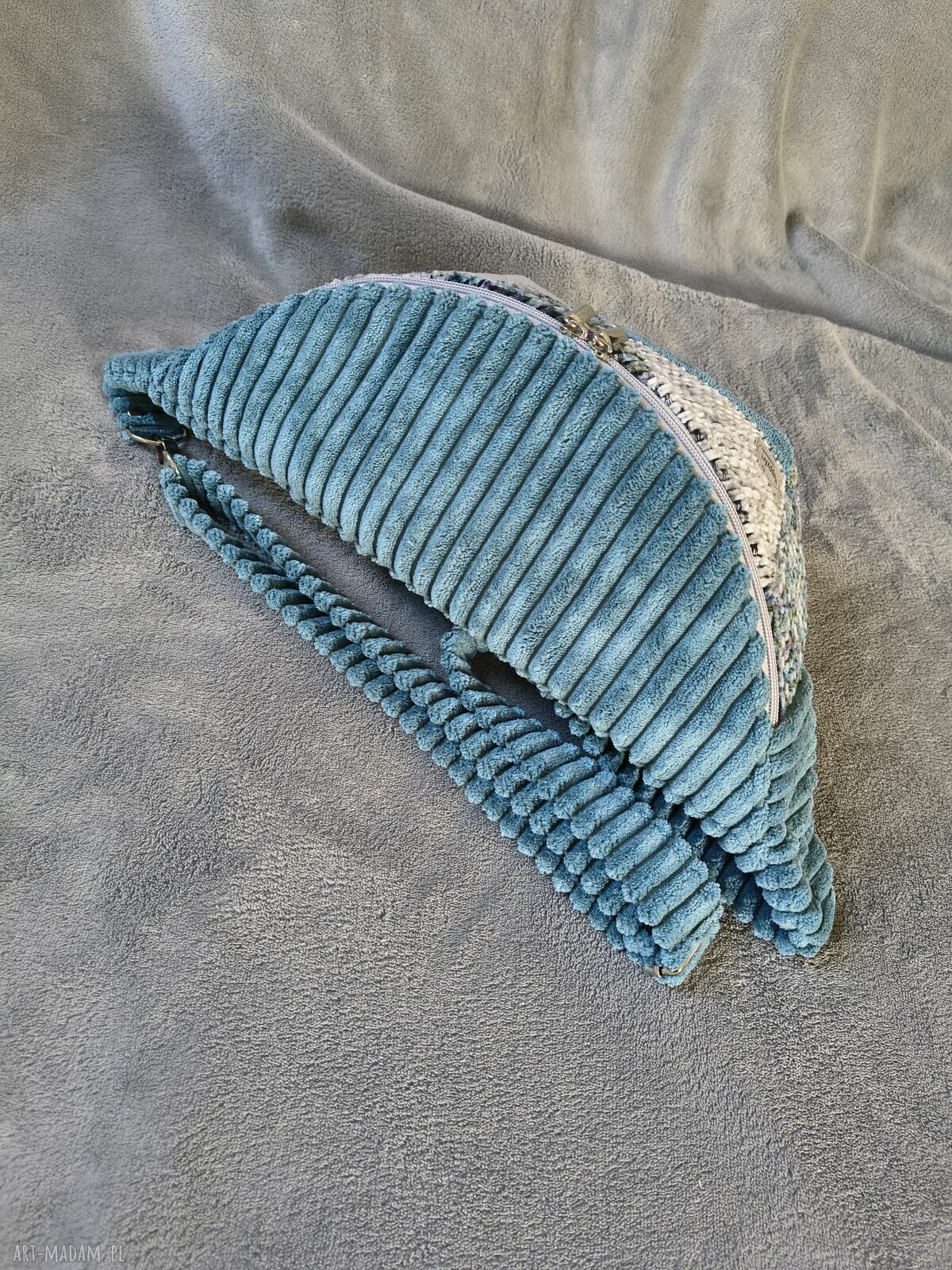 Patchworkowa welurowa nerka XXL szaro-turkusowa - handmade