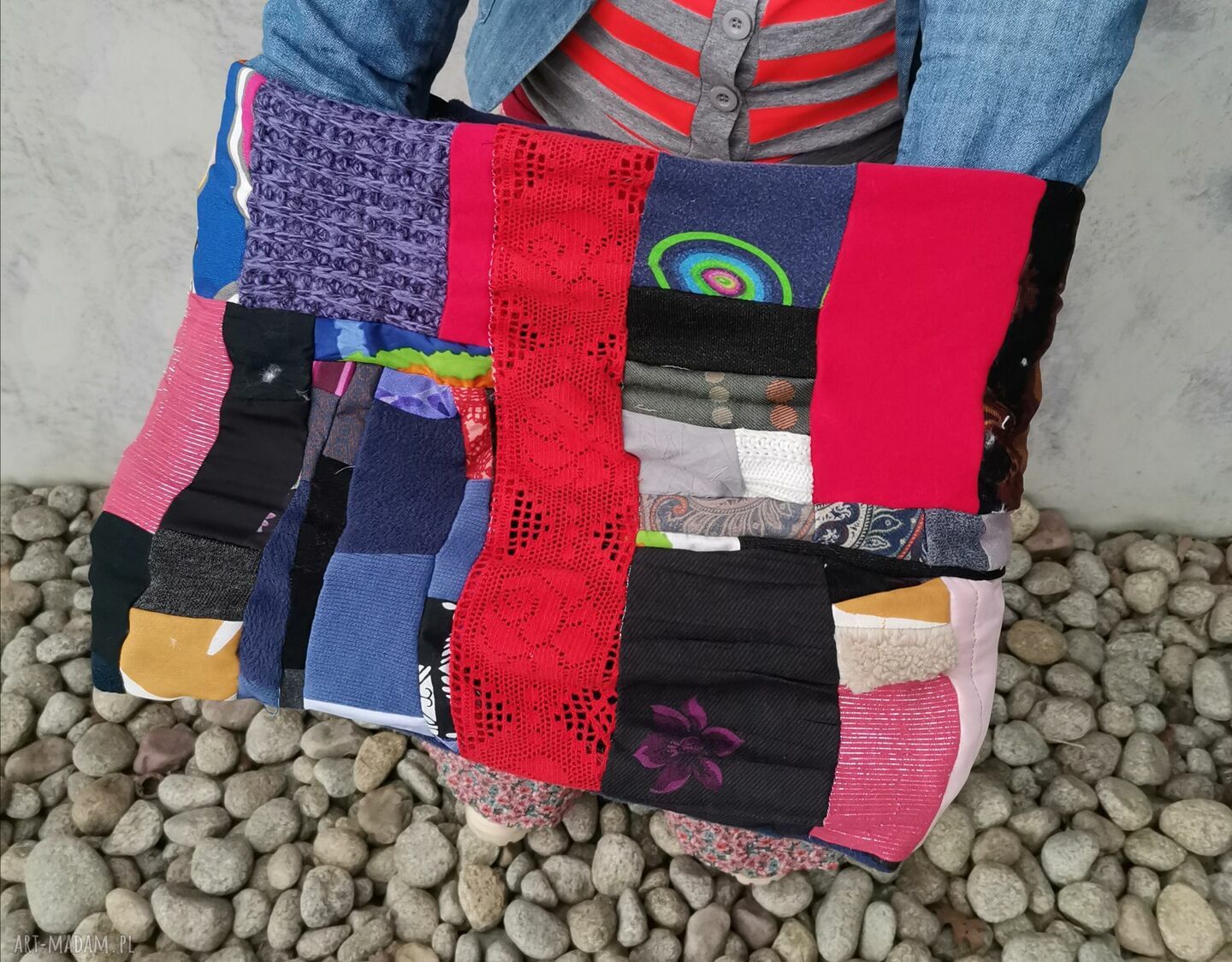 Komin patchworkowy blisko szyi w stylu folk - unisex one size, na rower (zero waste)