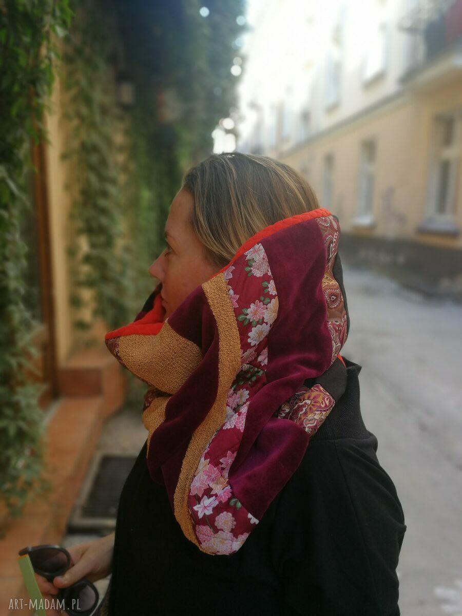 Miękki komin patchworkowy folk z podszewką - idealny na rower