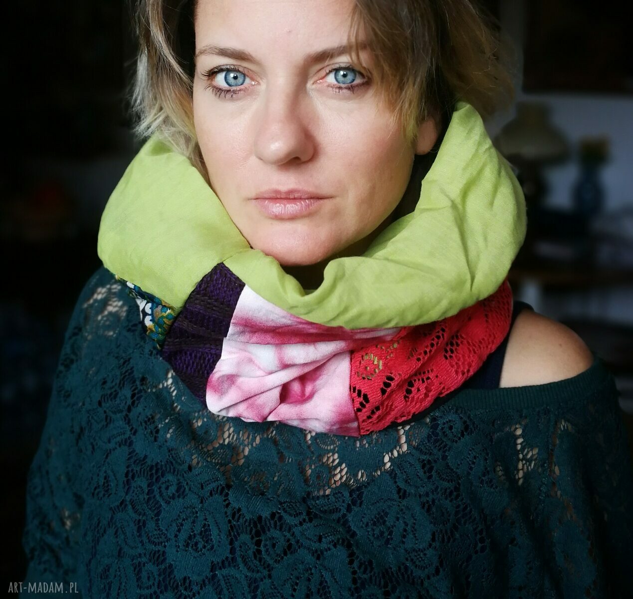 Miękki komin patchworkowy damski z podszewką - boho na wiosnę i jesień