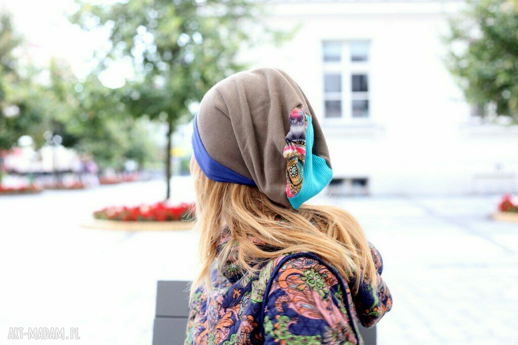Komplet patchworkowy z dzianiny - czapka z podszewką i szal boho