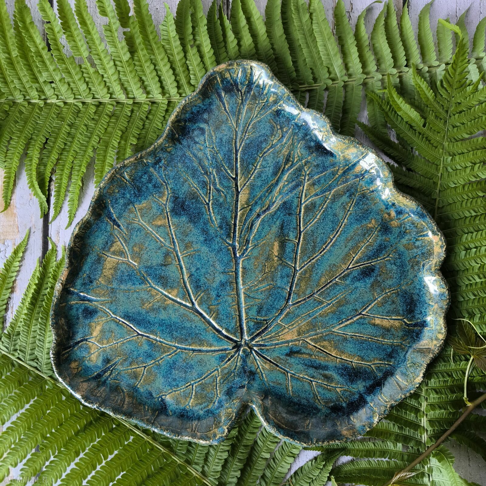 Patera ceramiczna „Liść” XXL - zielona z odcisku prawdziwego liścia