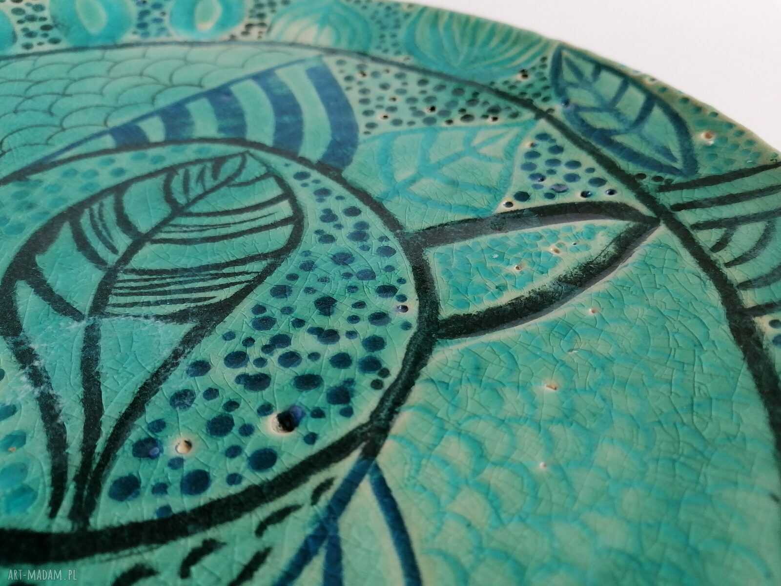 Patera turkusowo - turkusowa z ceramiki - rękodzieło z gliny szamotowej (34 cm)