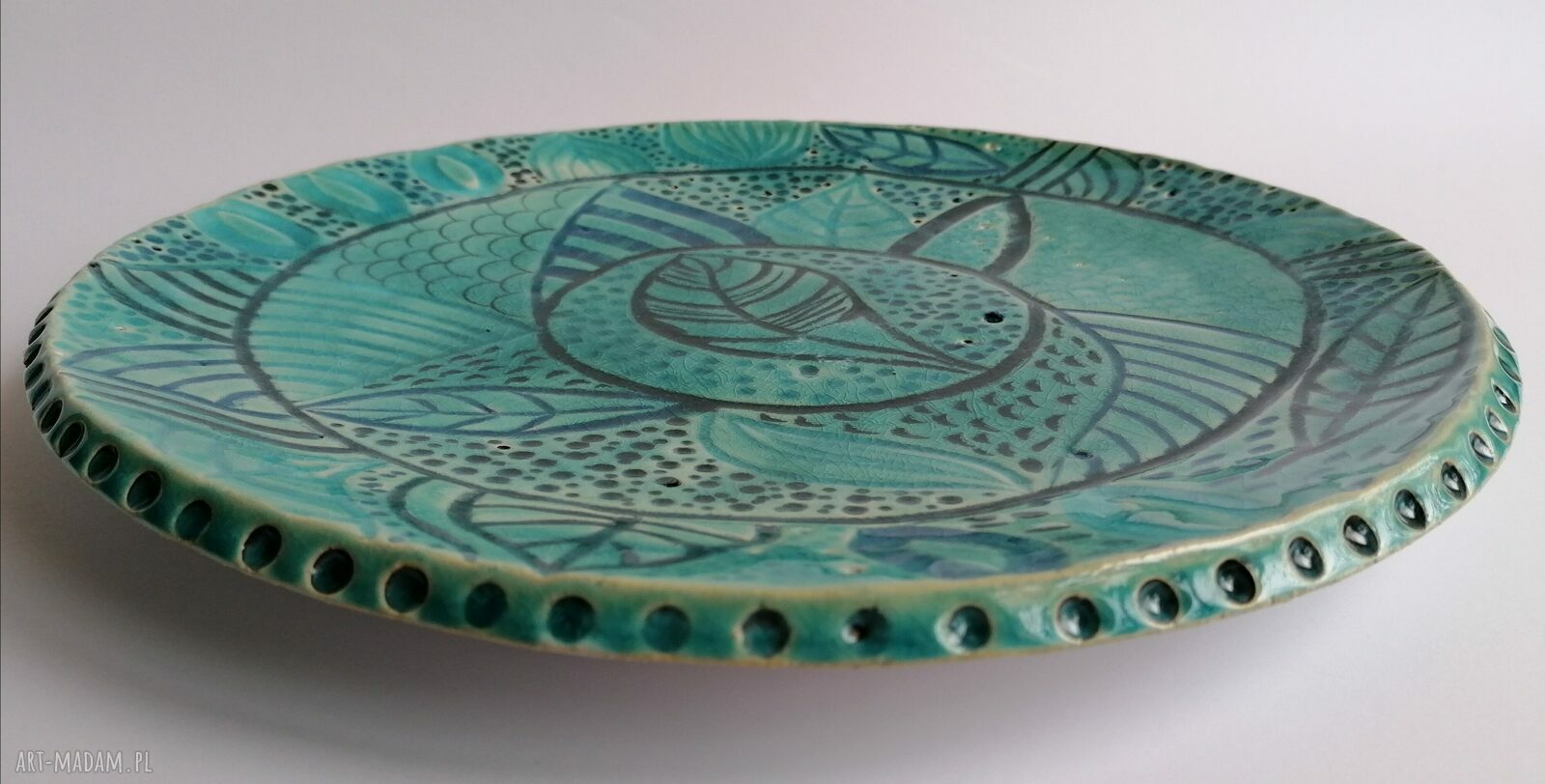 Patera turkusowo - turkusowa z ceramiki - rękodzieło z gliny szamotowej (34 cm)