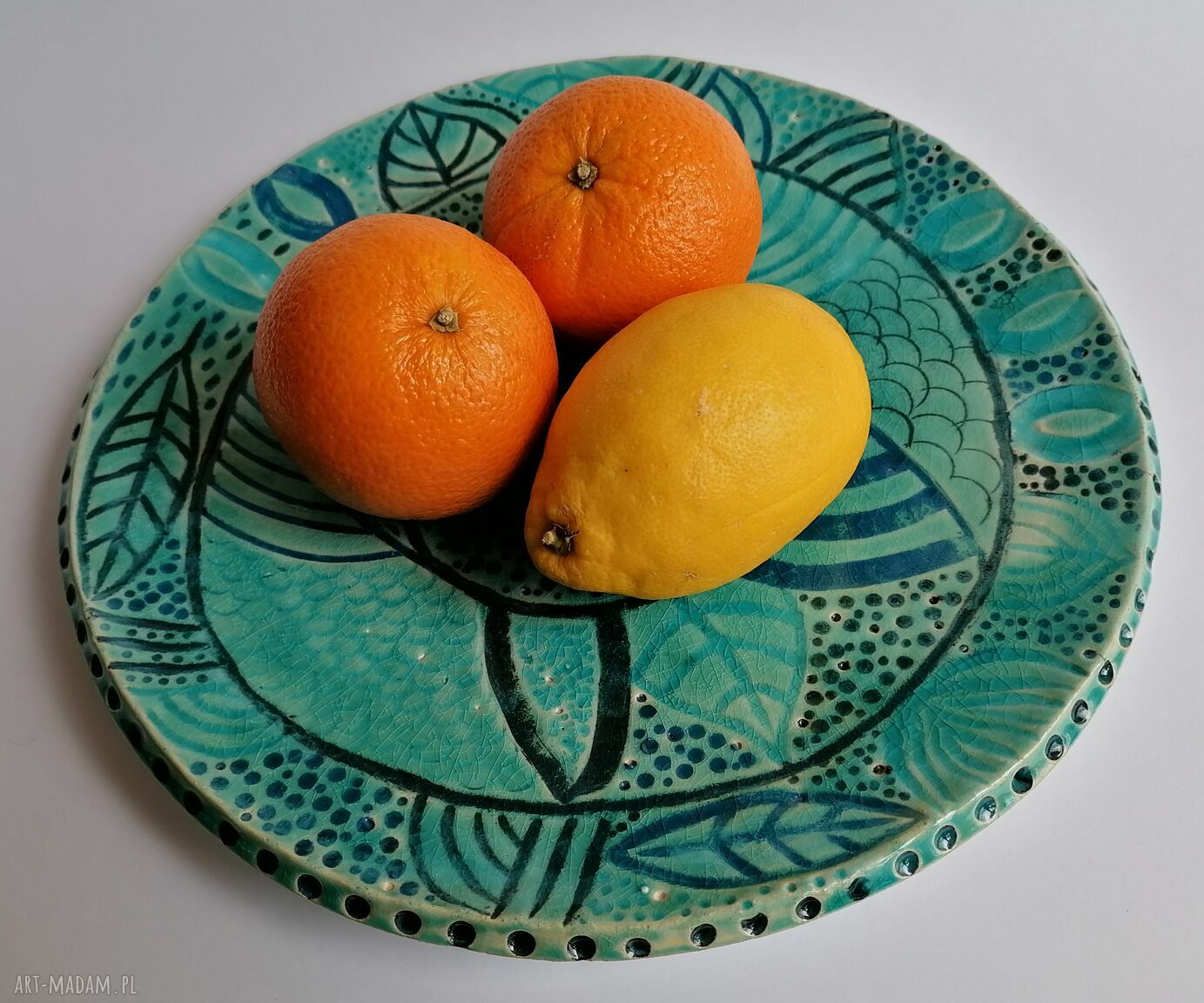 Patera turkusowo - turkusowa z ceramiki - rękodzieło z gliny szamotowej (34 cm)