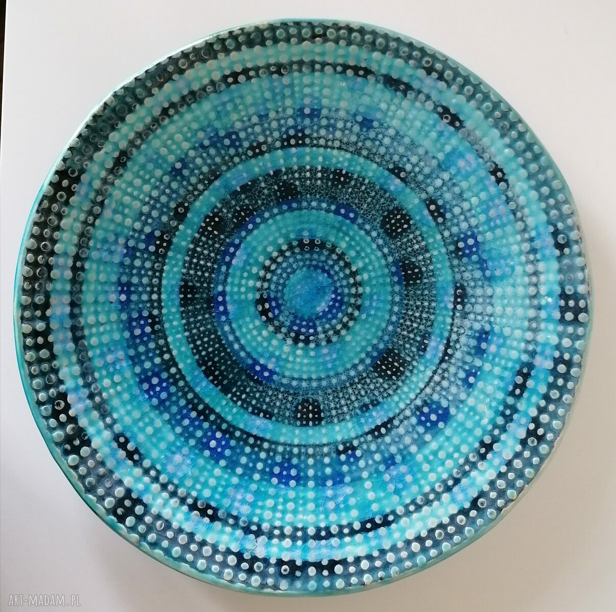 Patera „turkusowo na okrągło” z gliny szamotowej - turkusowa ceramika handmade