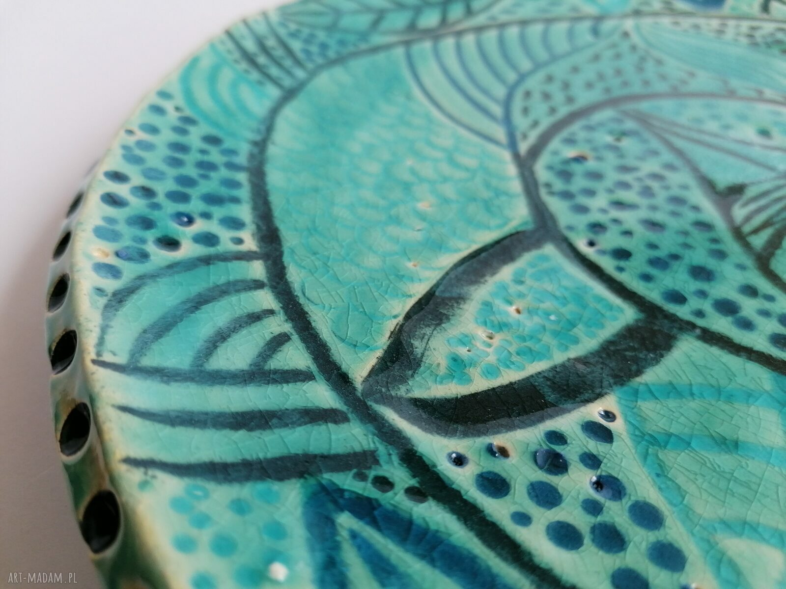Patera turkusowo - turkusowa z ceramiki - rękodzieło z gliny szamotowej (34 cm)