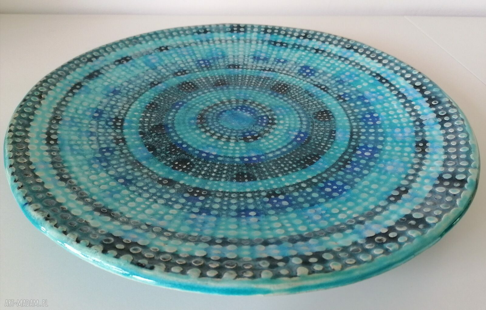 Patera „turkusowo na okrągło” z gliny szamotowej - turkusowa ceramika handmade