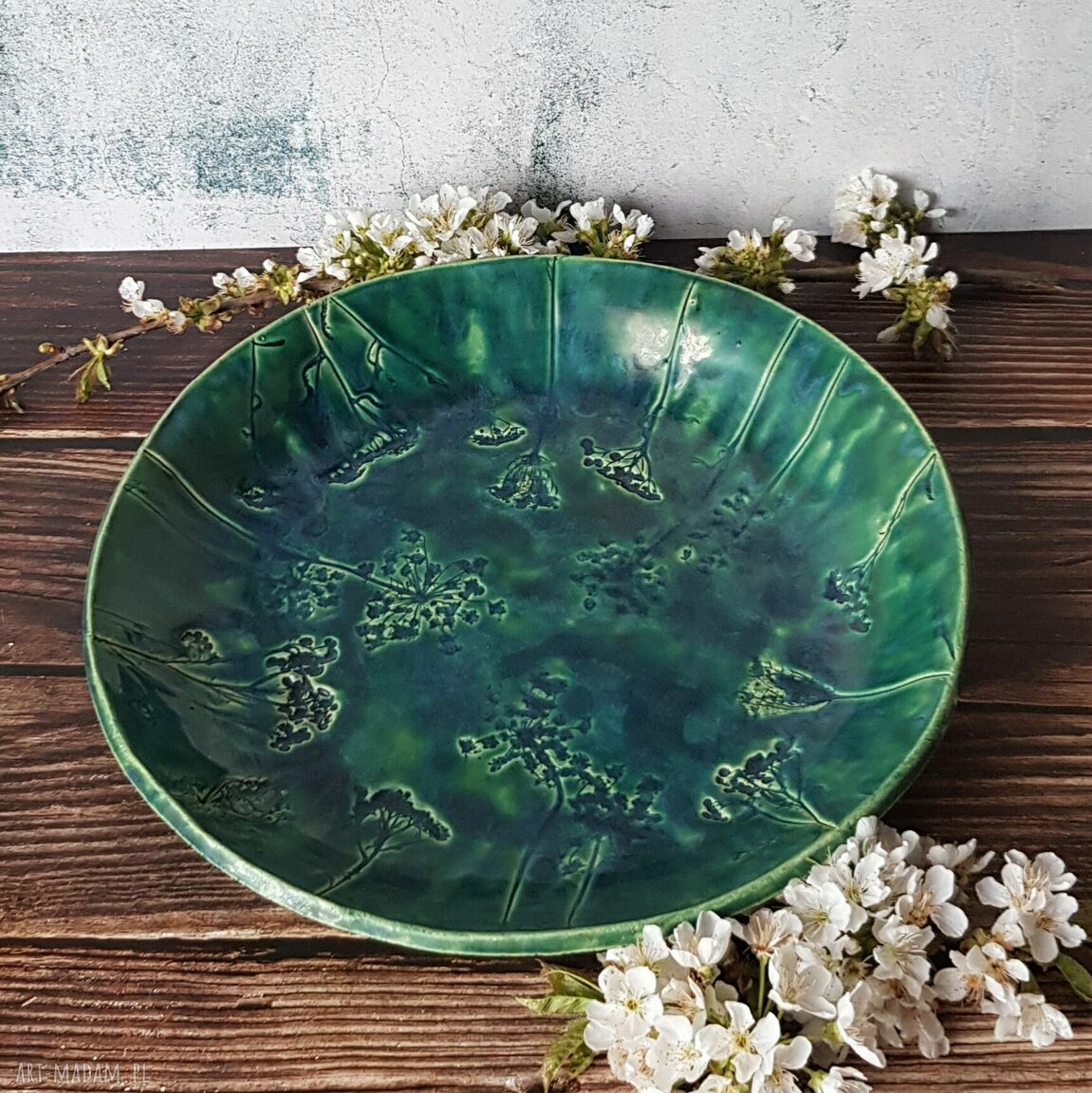 Patera XXL z motywem roślin - zielona ceramika handmade Ø 38 cm