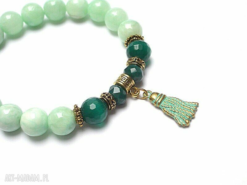 Chwościk mint patina bransoletka boho z jadeitu i uleksytu na gumce