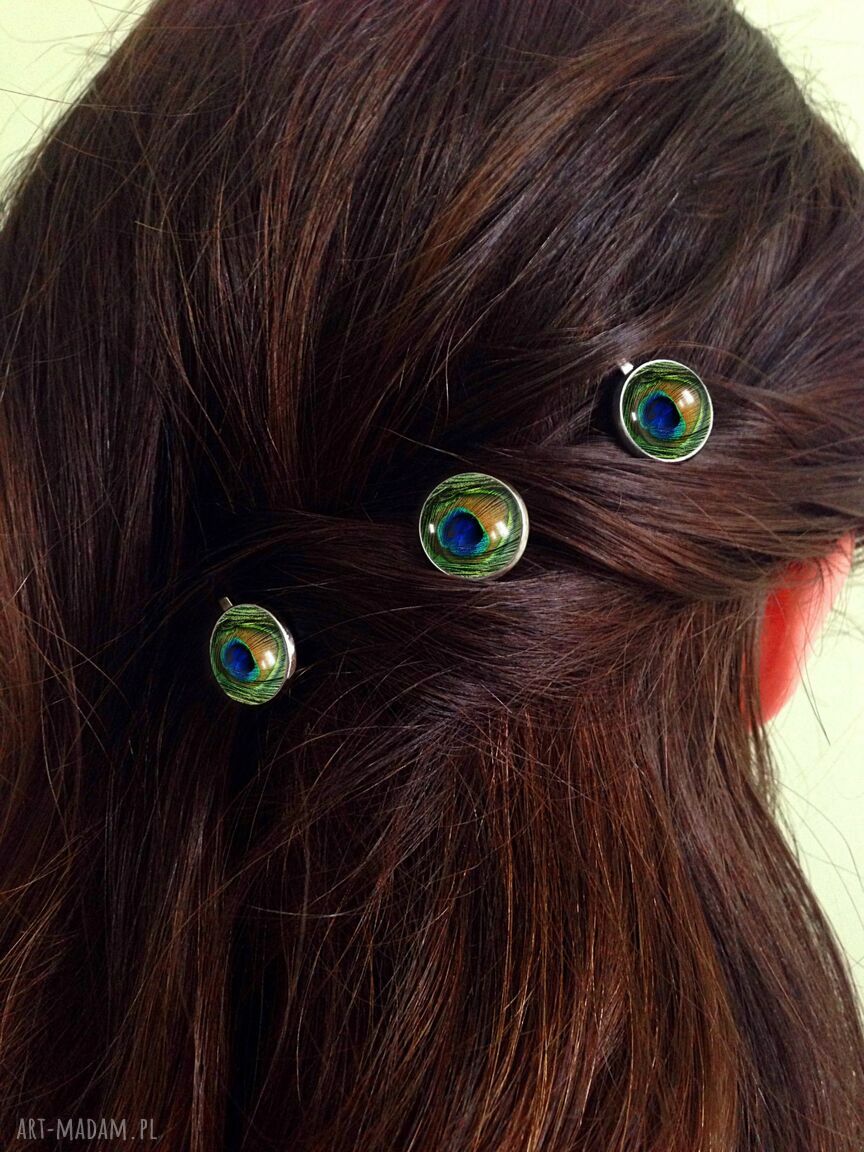 Pawie oko wsuwki włosów oczko paw spinki komplet trzech ręcznie