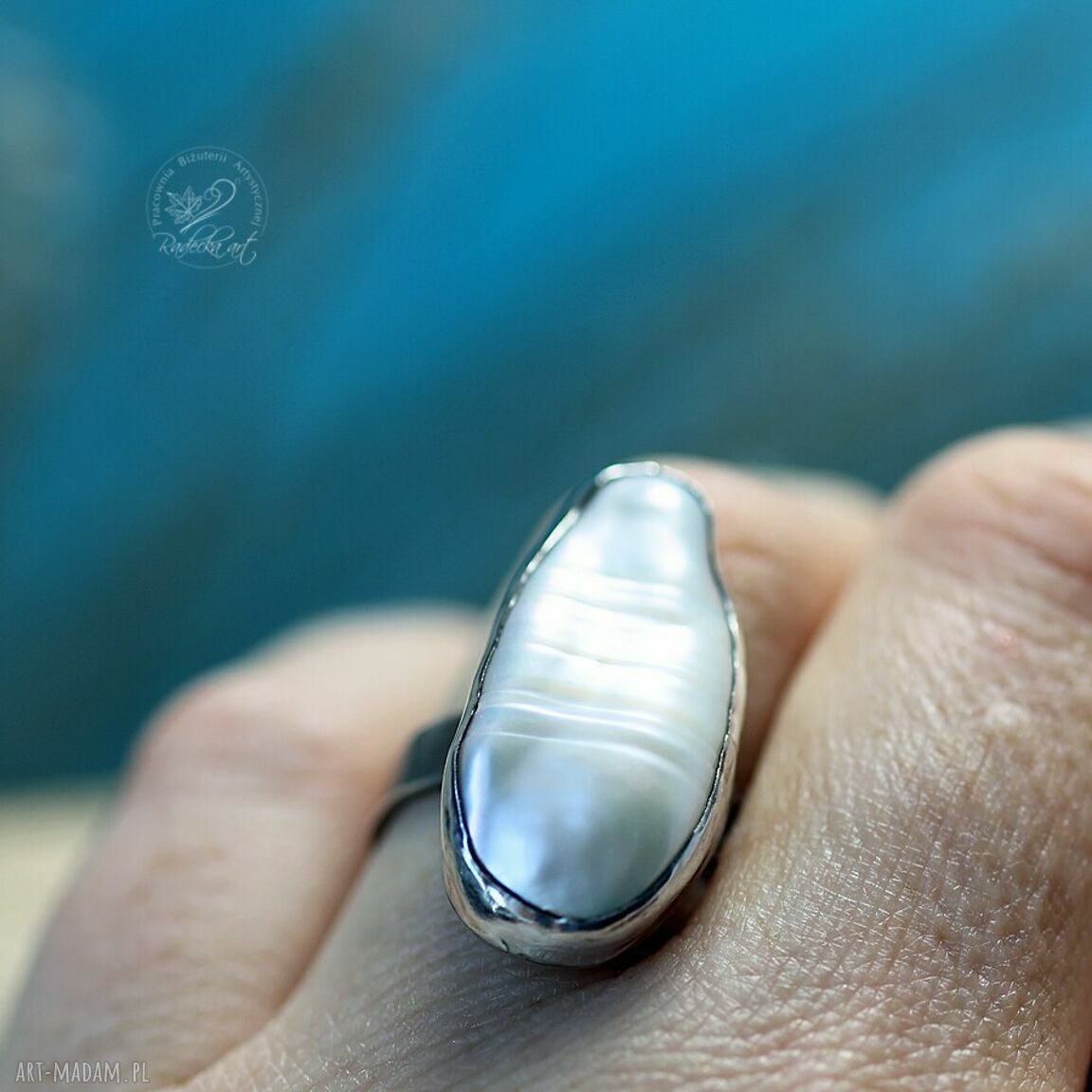 Biwa Pearl Ring - srebrny pierścionek z naturalną perłą Biwa (regulowany)