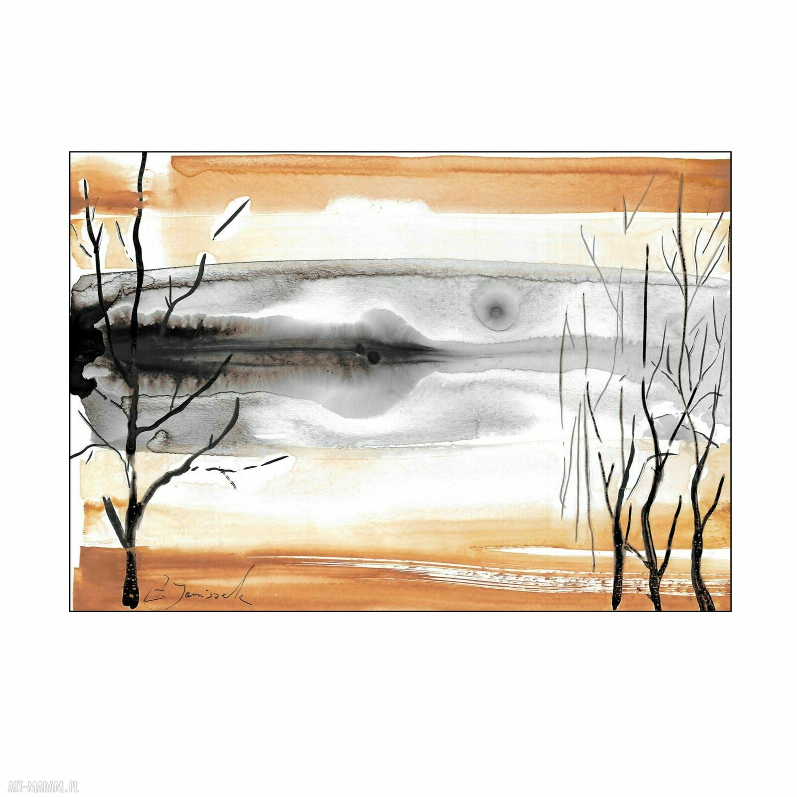 Abstrakcyjny pejzaż z jeziorem 21x30 cm - obraz ręcznie wykonany