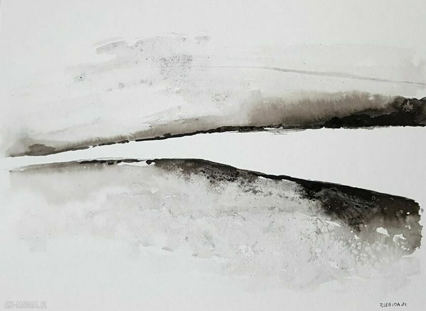 Pejzaż abstrakcyjny wykonany tuszem - obraz 32x24 cm (czarno-szary)