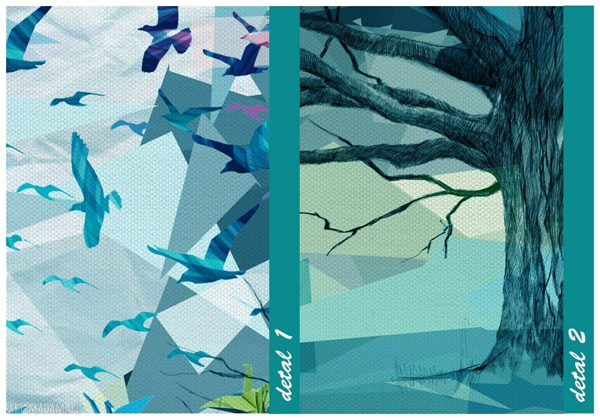 Abstrakcyjny pejzaż z drzewem i ptakami origami - druk na płótnie 147x60 cm do salonu i sypialni