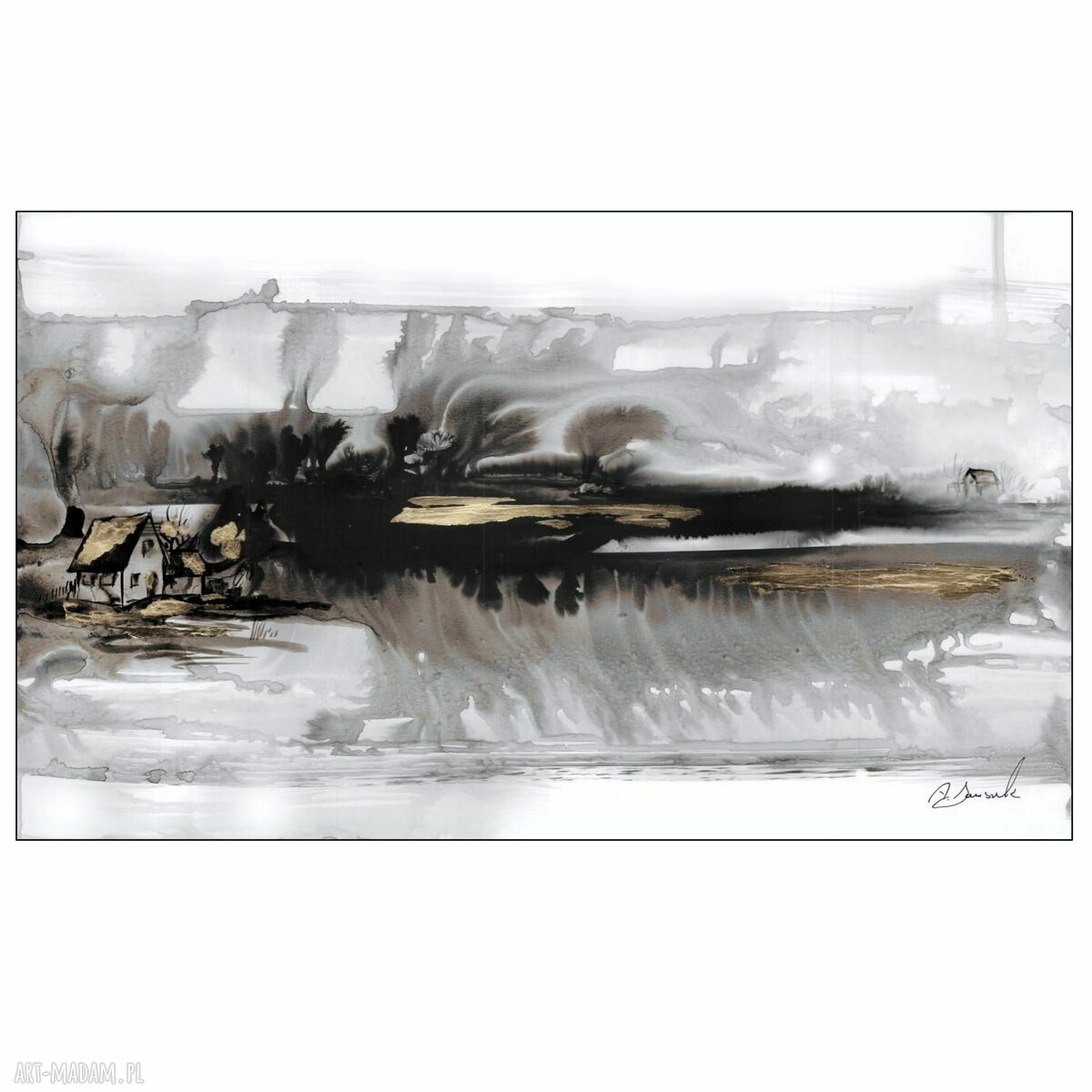Abstrakcja "Pejzaż" - grafika malowana i złocona ręcznie 30x50 cm (Ajan art)