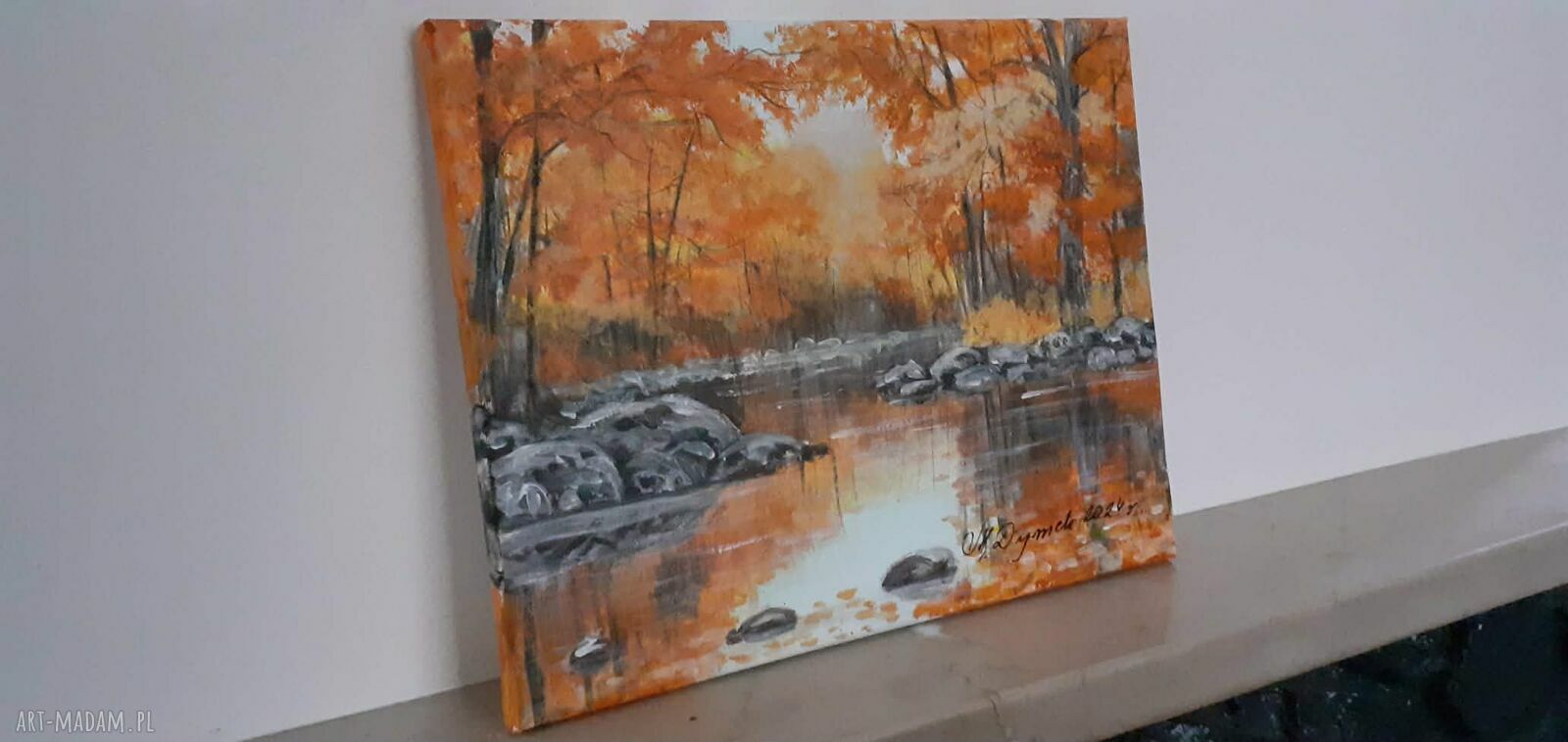 Pejzaż akrylowy na płótnie „W blasku pomarańczu” - ręcznie malowany obraz 24x30 cm