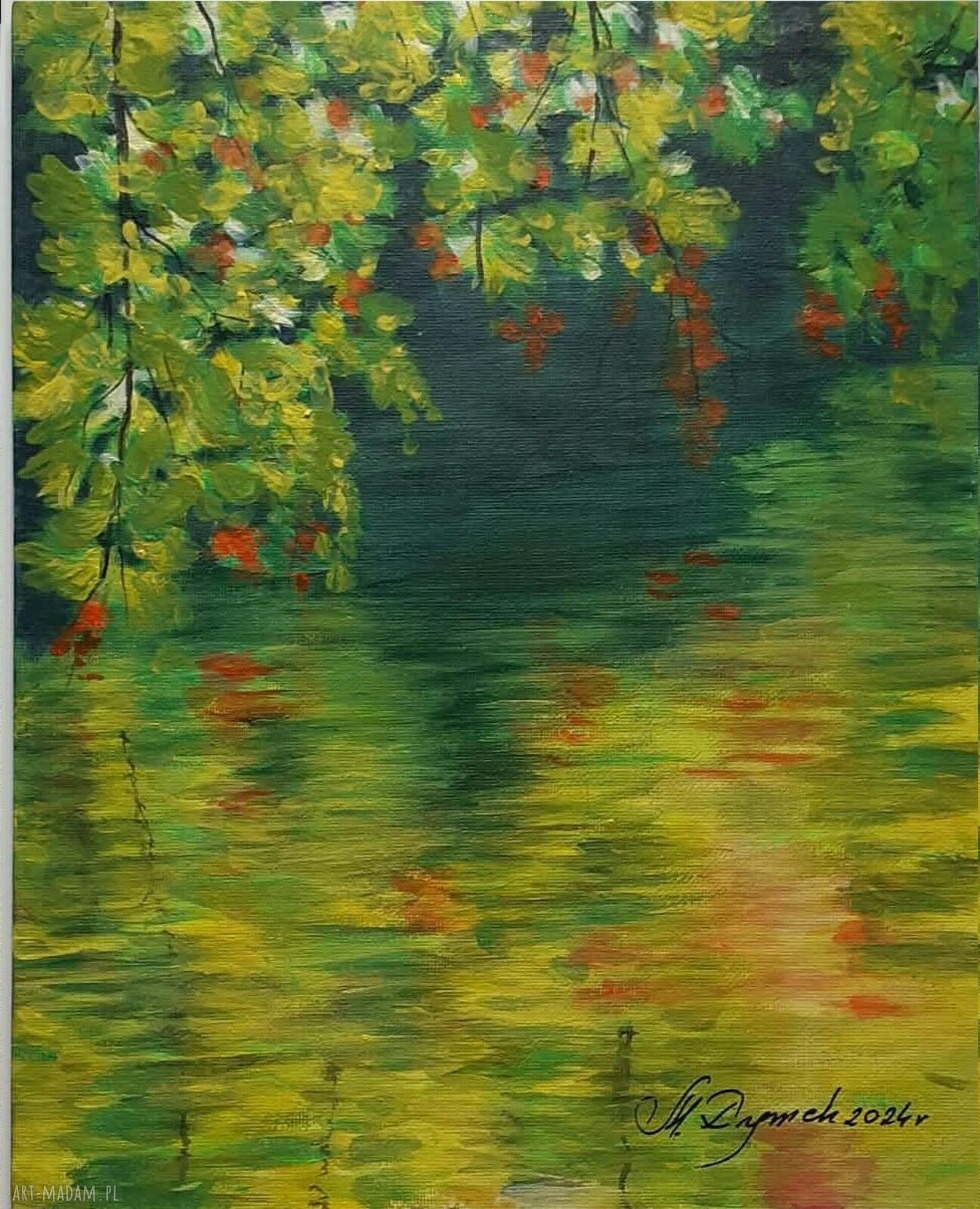 Pejzaż akrylowy ręcznie malowany na płótnie „Refleksy schyłku lata” - 30x24 cm