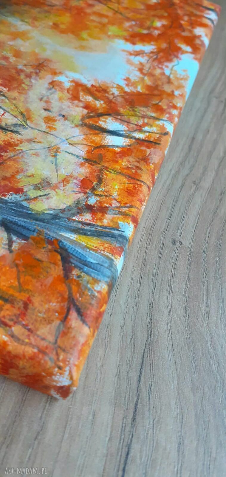 Pejzaż akrylowy na płótnie „W blasku pomarańczu” - ręcznie malowany obraz 24x30 cm