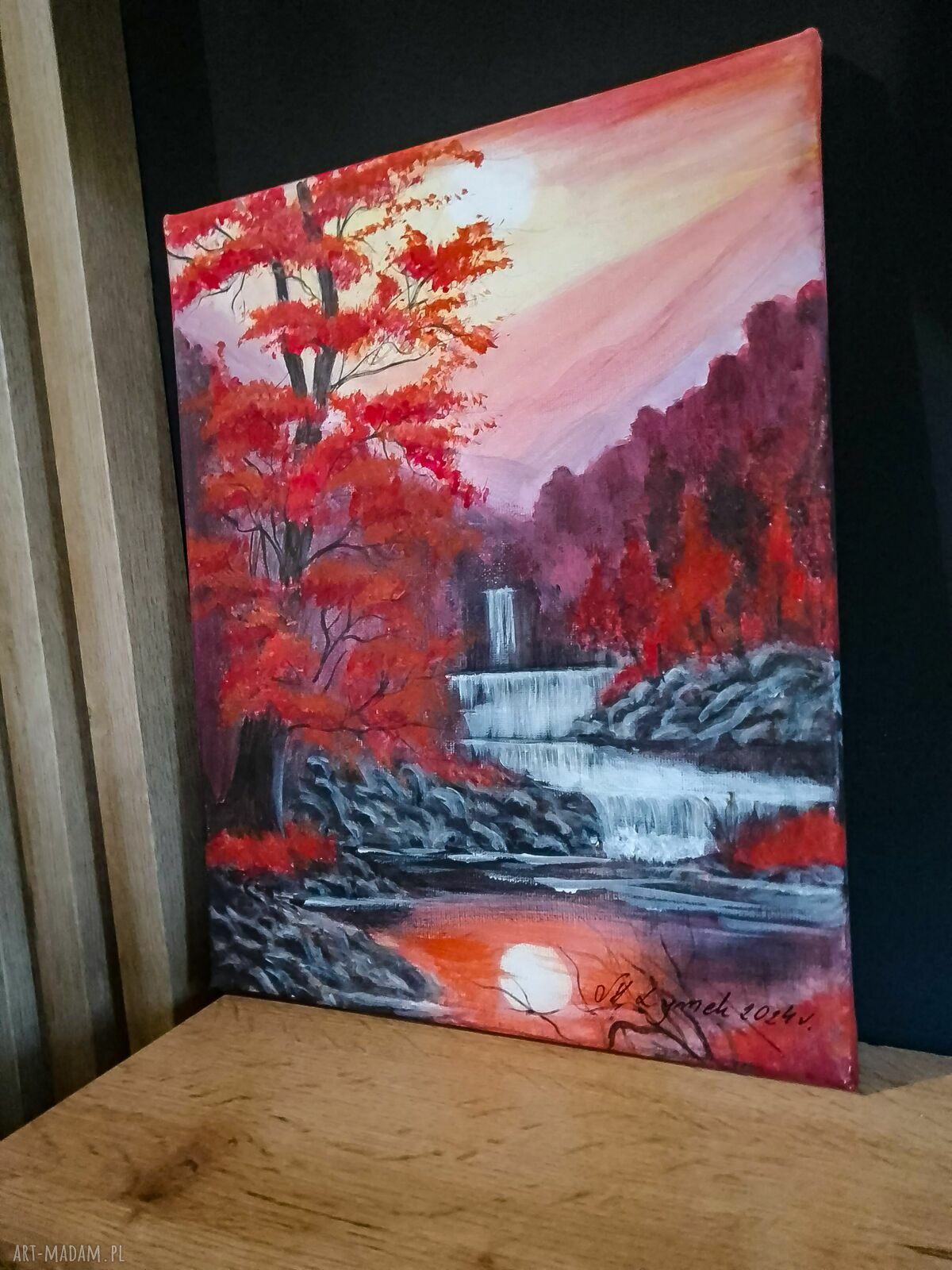 Karmazynowa Kaskada - ręcznie malowany pejzaż akrylowy na płótnie 30 x 24 cm