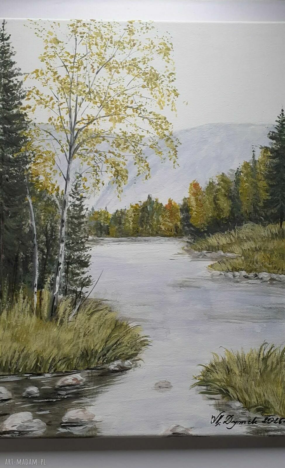 Pejzaż akrylowy ręcznie malowany "W złotawych sitowiach" 40x30 cm