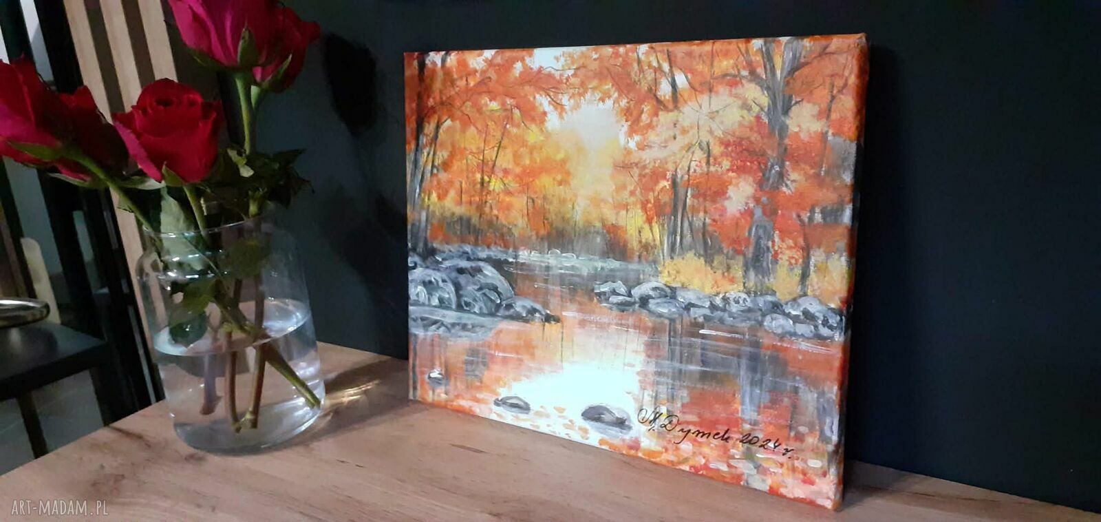 Pejzaż akrylowy na płótnie „W blasku pomarańczu” - ręcznie malowany obraz 24x30 cm