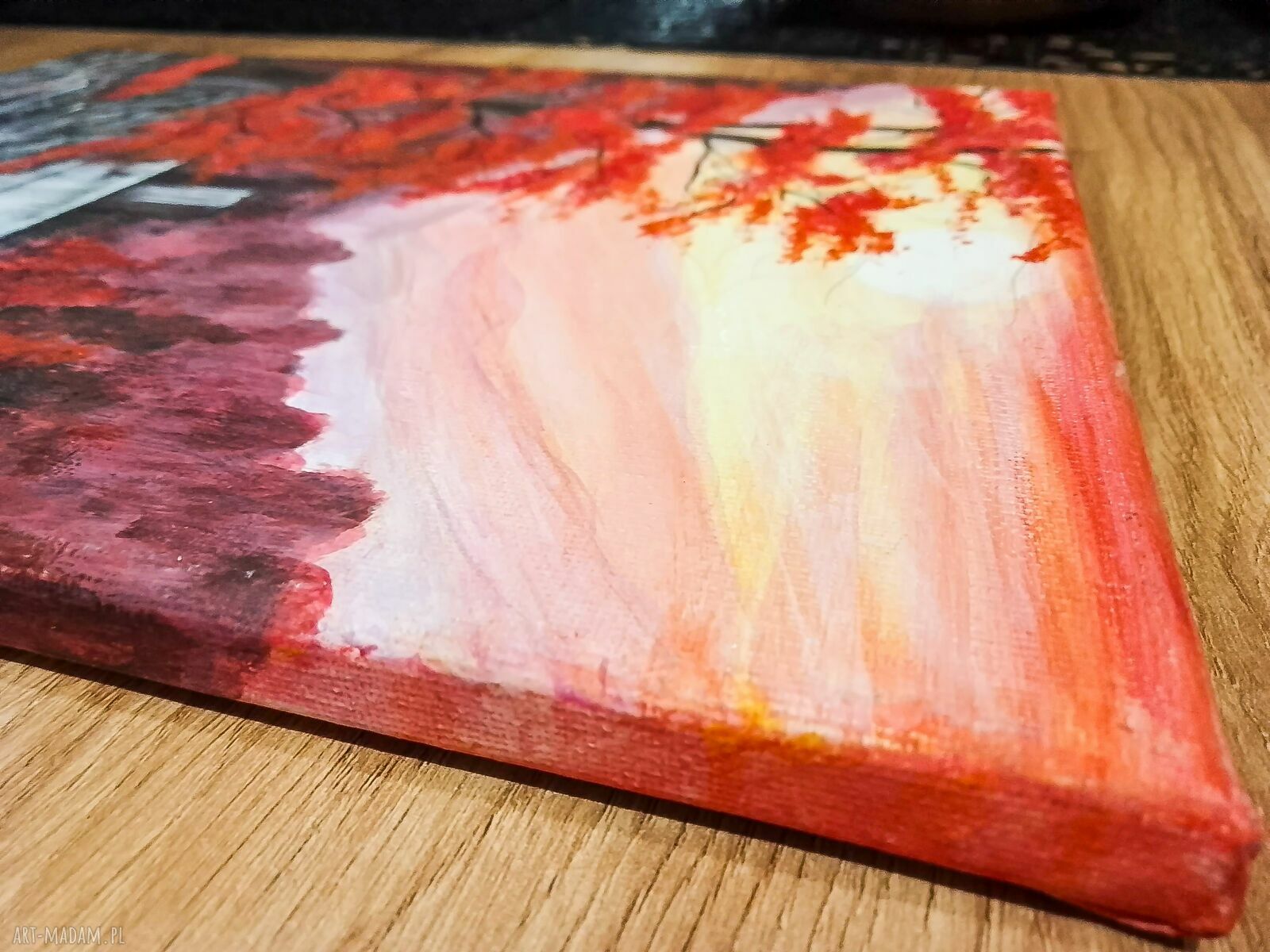 Karmazynowa Kaskada - ręcznie malowany pejzaż akrylowy na płótnie 30 x 24 cm