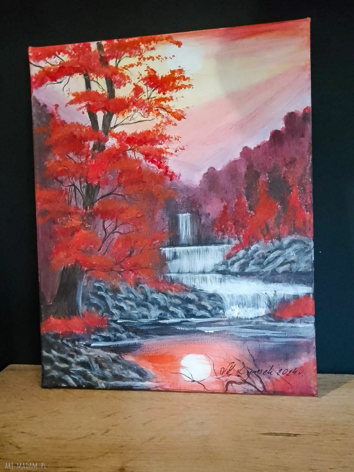 Karmazynowa Kaskada - ręcznie malowany pejzaż akrylowy na płótnie 30 x 24 cm