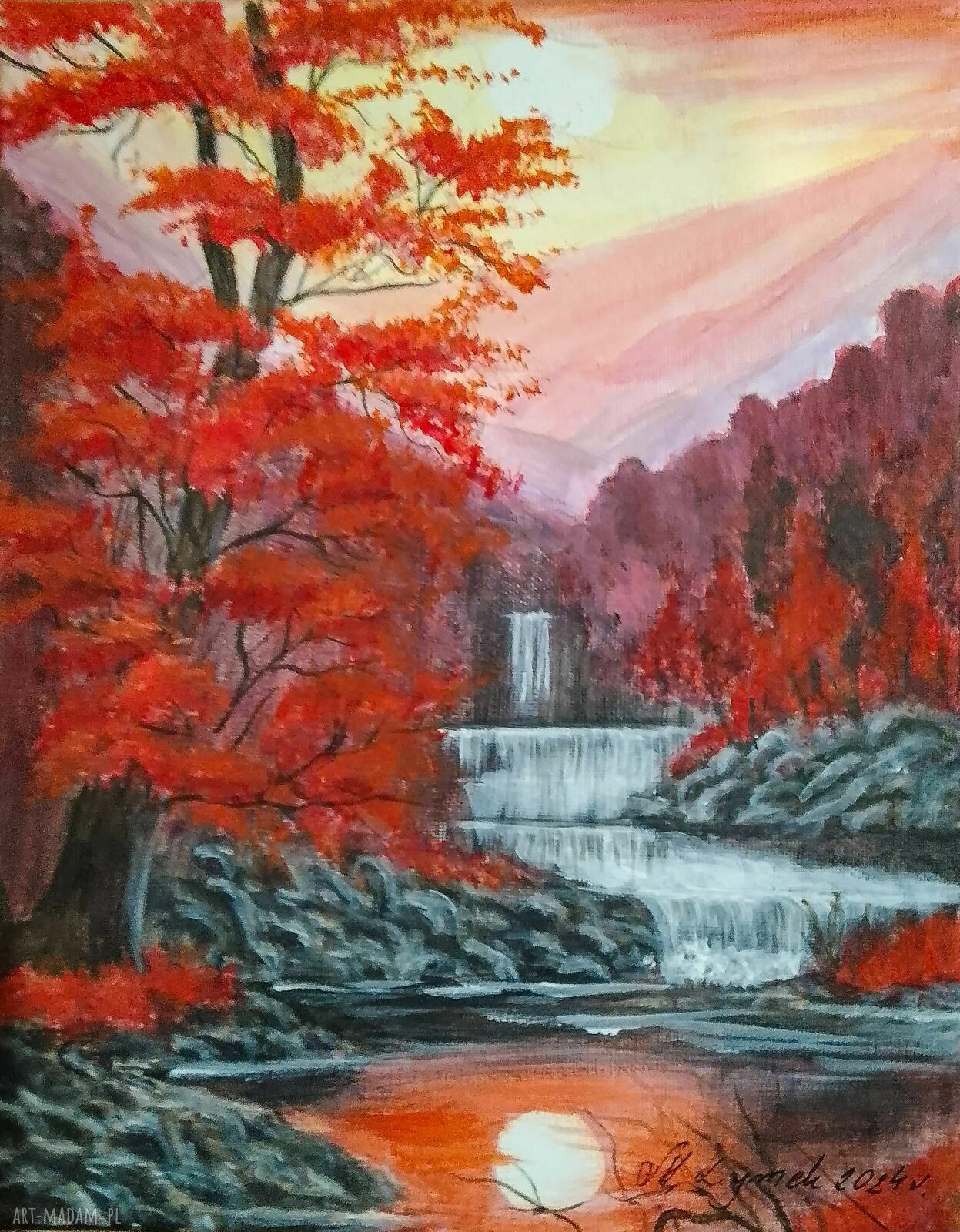 Karmazynowa Kaskada - ręcznie malowany pejzaż akrylowy na płótnie 30 x 24 cm