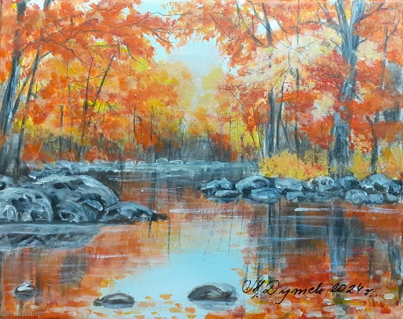 Pejzaż akrylowy na płótnie „W blasku pomarańczu” - ręcznie malowany obraz 24x30 cm