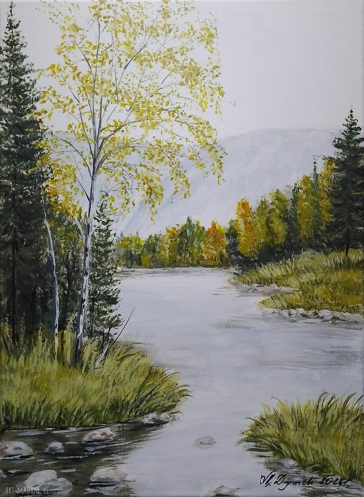 Pejzaż akrylowy ręcznie malowany "W złotawych sitowiach" 40x30 cm