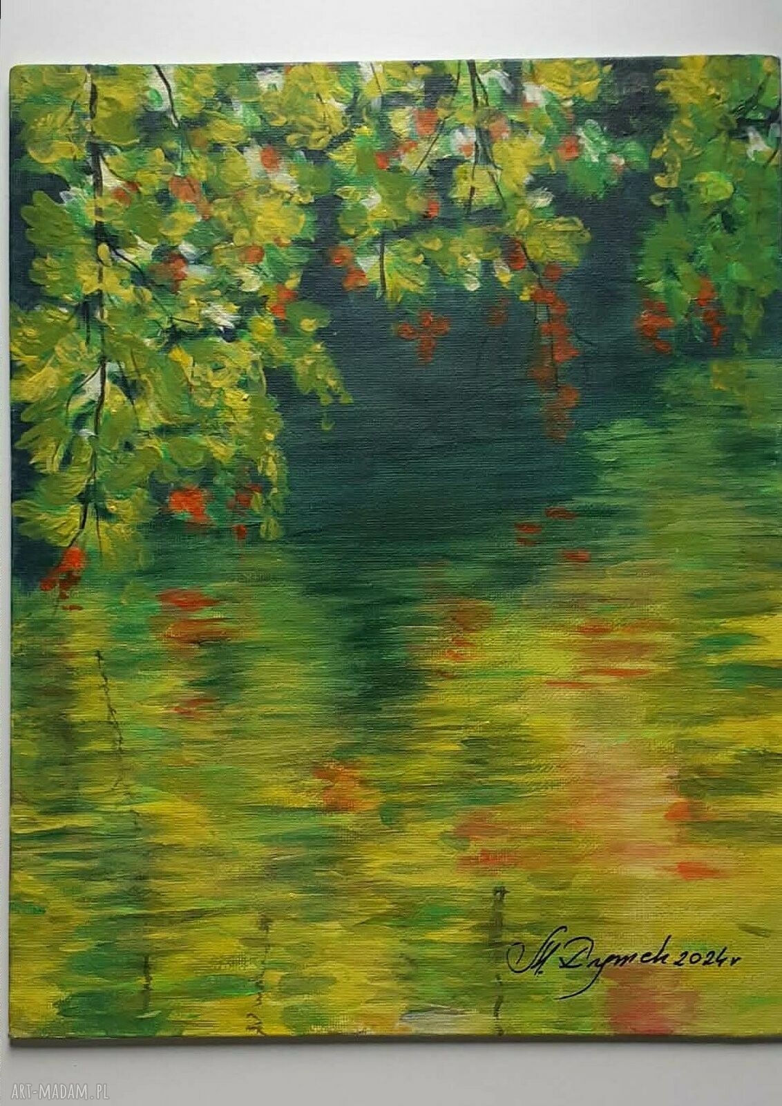 Pejzaż akrylowy ręcznie malowany na płótnie „Refleksy schyłku lata” - 30x24 cm