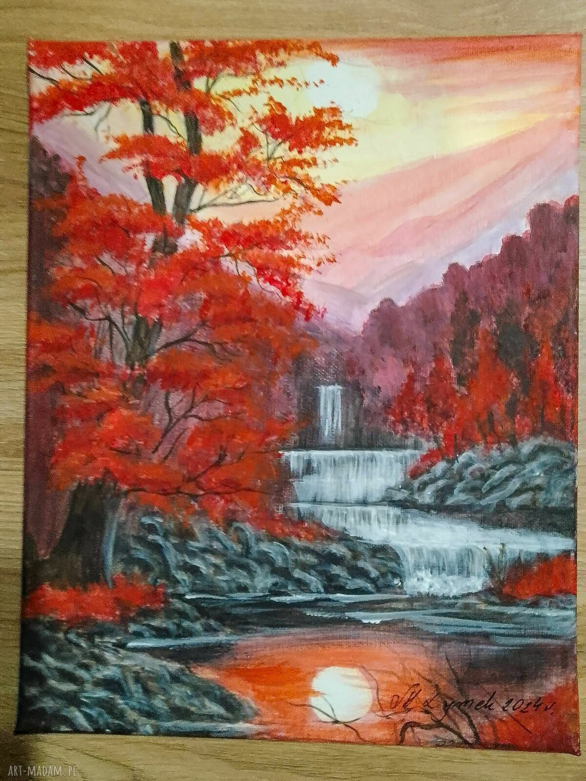 Karmazynowa Kaskada - ręcznie malowany pejzaż akrylowy na płótnie 30 x 24 cm