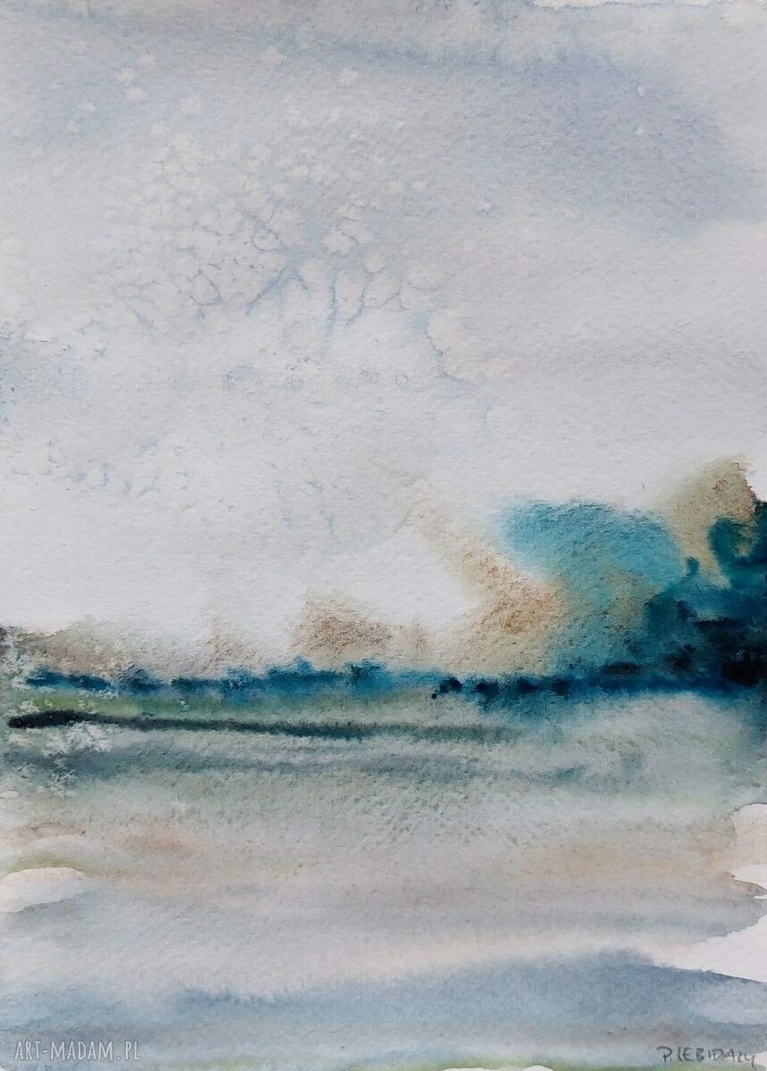 Oryginalna akwarela - pejzaż 24x18 cm (turkus, niebieski i ciepłe brązy)