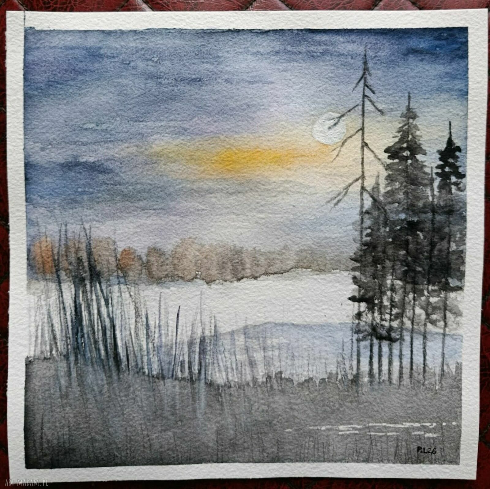 Pejzaż - akwarela 20x20 cm Paulina Lebida (oryginalny obraz bez ramy)