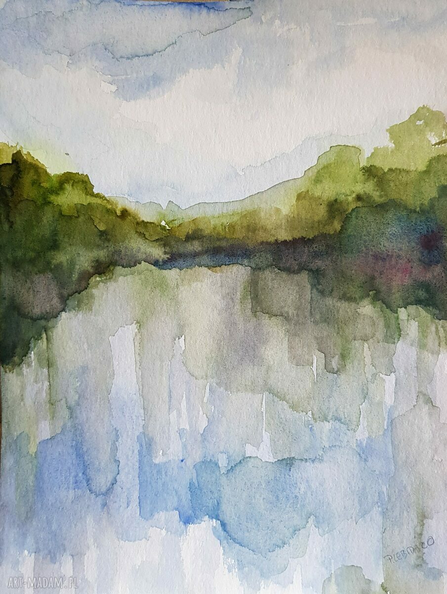 Pejzaż w akwareli 24x32 cm - złoty akcent dla Twojego wnętrza