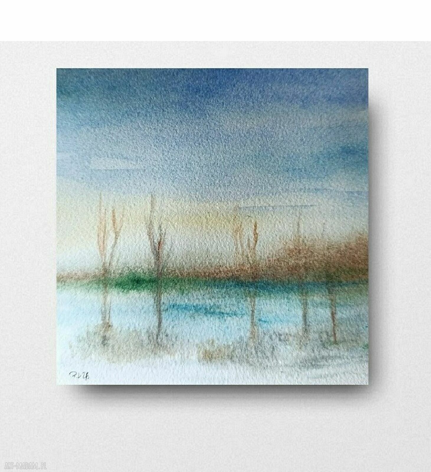 Pejzaż - akwarela w kwadracie 15x15 cm praca sygnowana, bez ramy