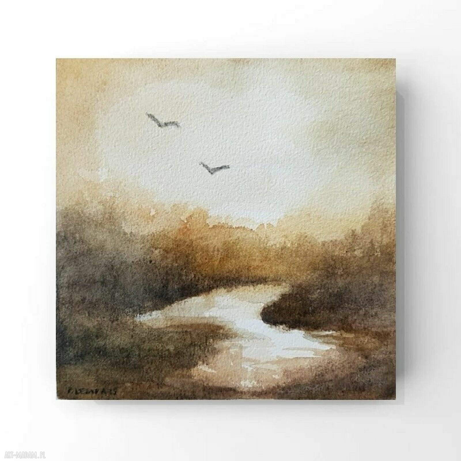 Pejzaż w akwareli 15x15 cm - kwadrat brąz i beż