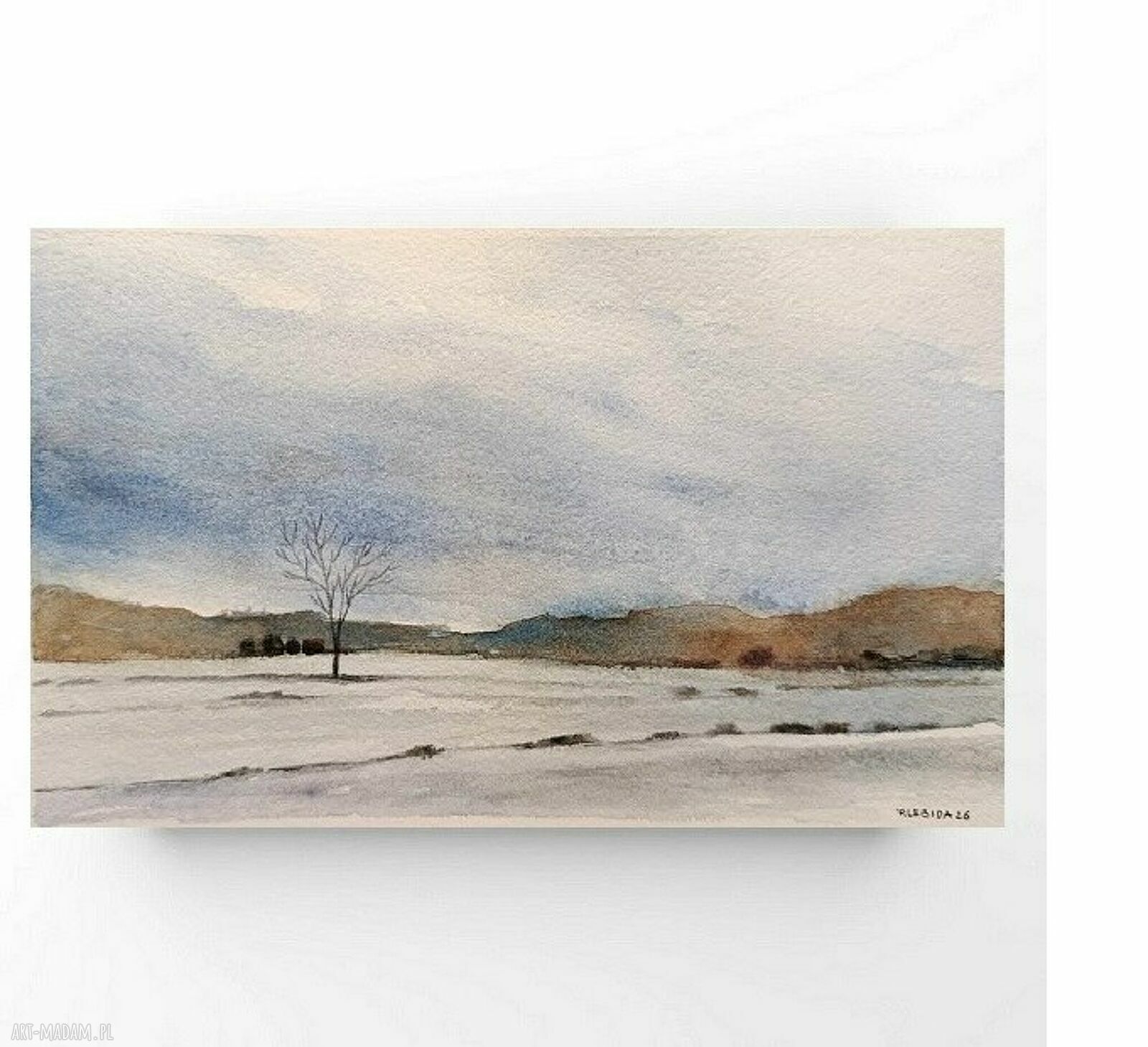 Sygnowany pejzaż w akwareli 15x24 cm - oryginalny obraz bez oprawy