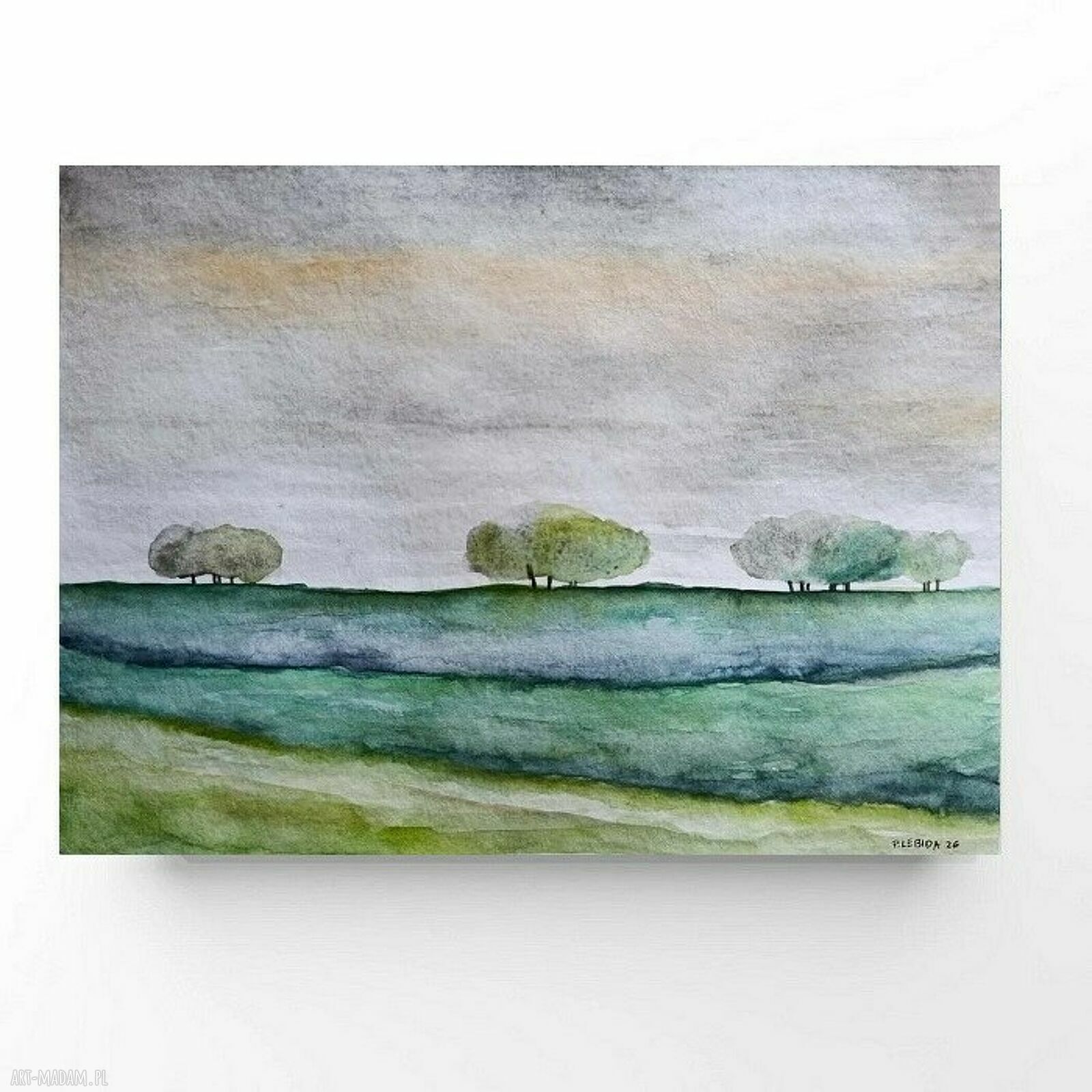 Oryginalny pejzaż akwarela 18x24 cm - zielone i pomarańczowe
