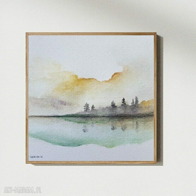 Pejzaż akwarela formatu 20x20 cm kwadrat - drzewa