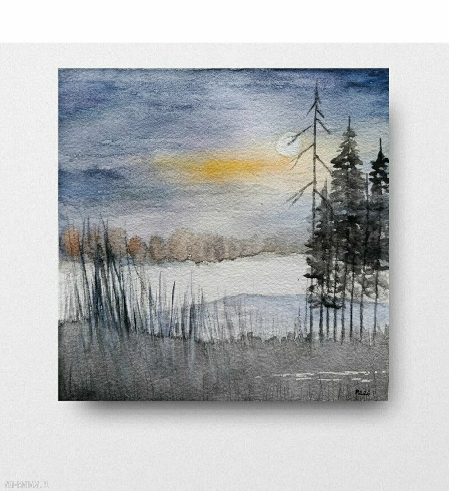 Pejzaż - akwarela 20x20 cm Paulina Lebida oryginalny obraz bez ramy