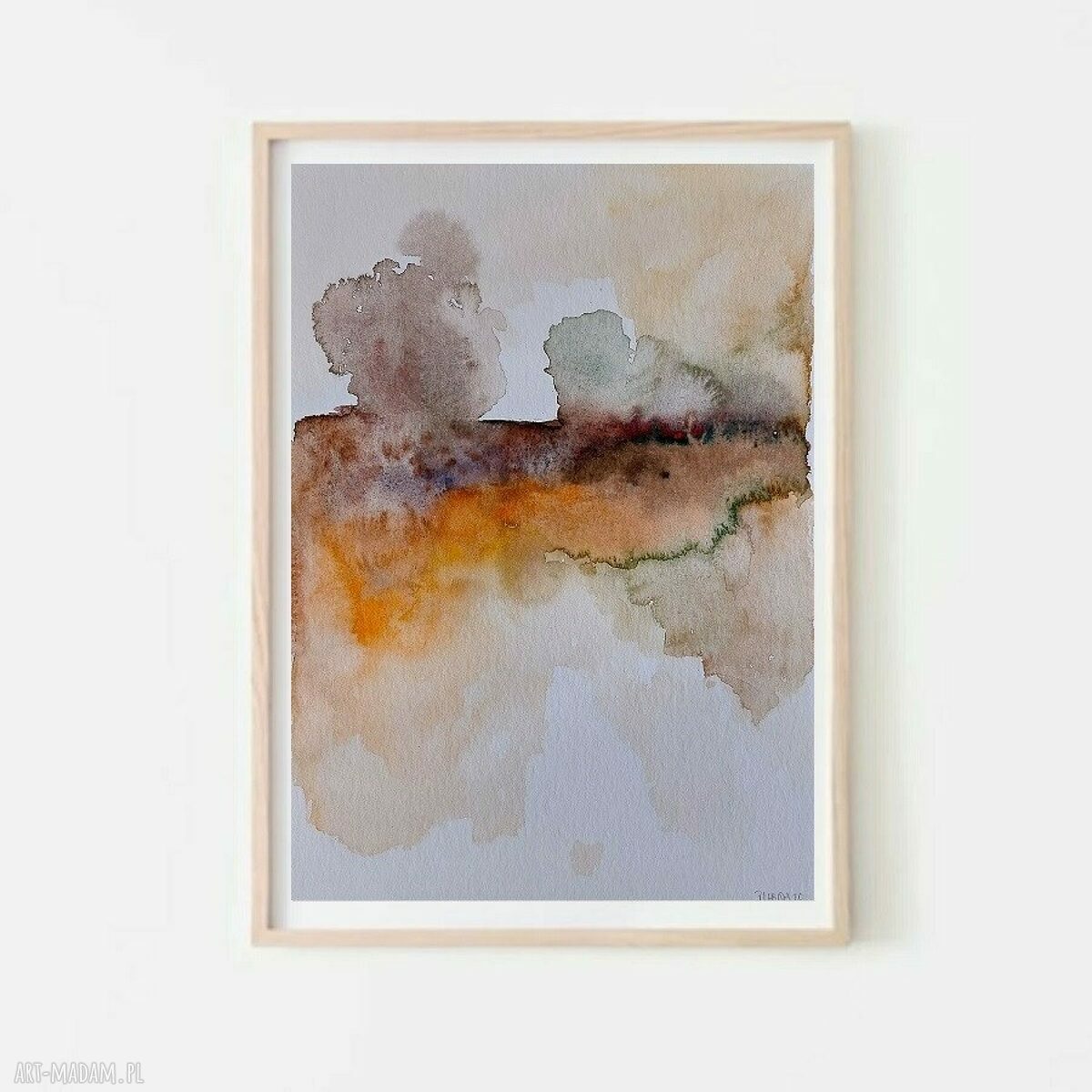 Oryginalna akwarela pejzaż 32 x 24 cm - zielone i pomarańczowe akcenty
