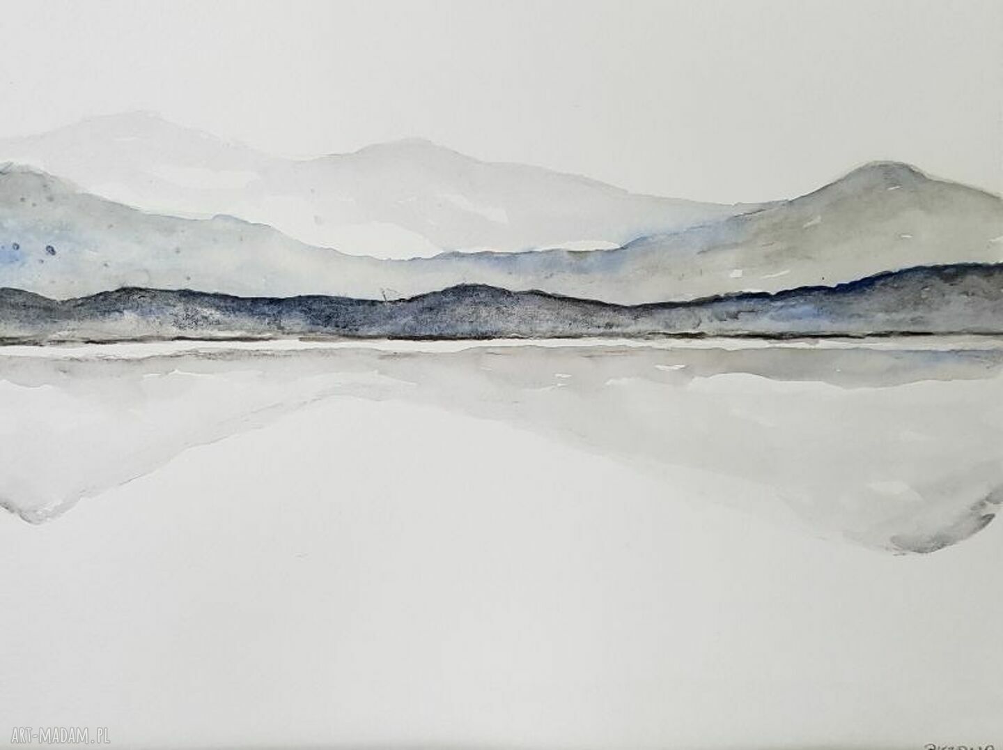 Pejzaż w akwareli 32x24 cm - szaro-niebieski obraz