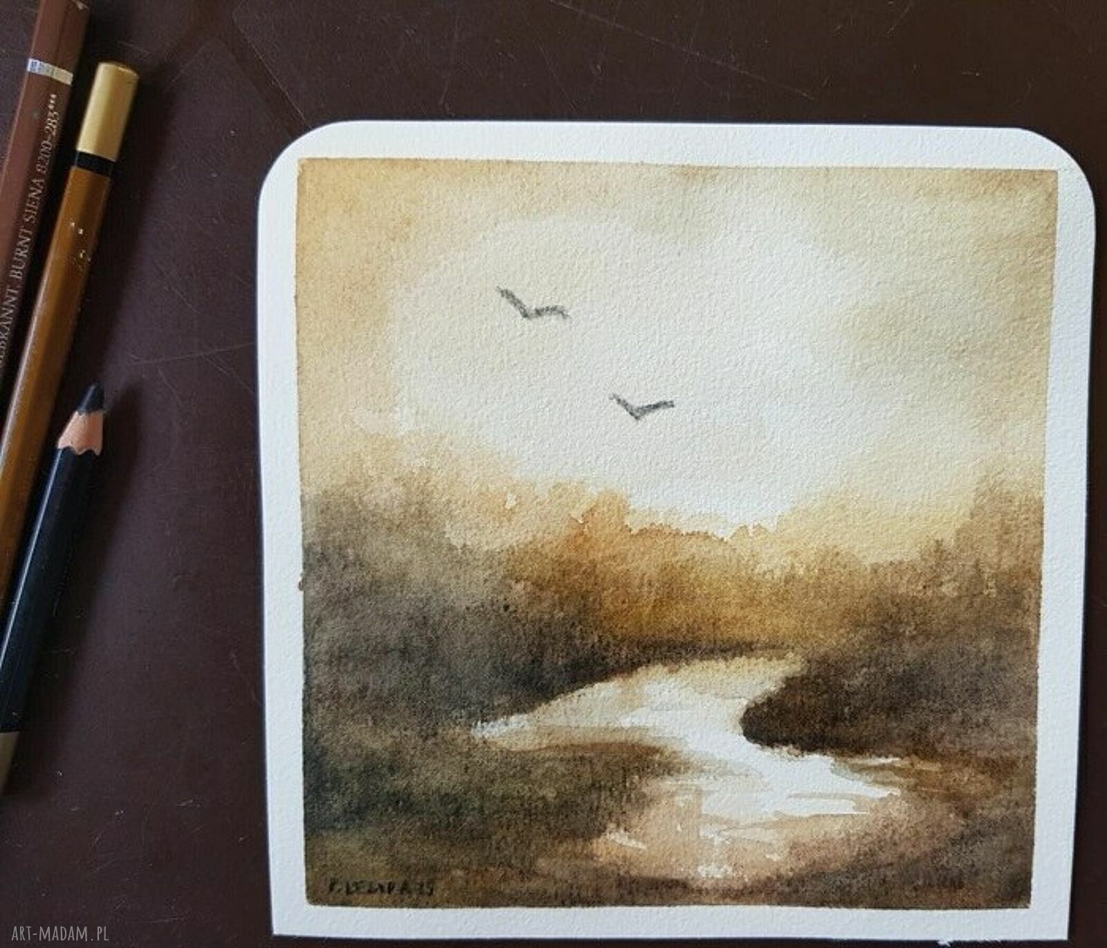 Pejzaż w akwareli 15x15 cm - kwadrat (brąz i beż)