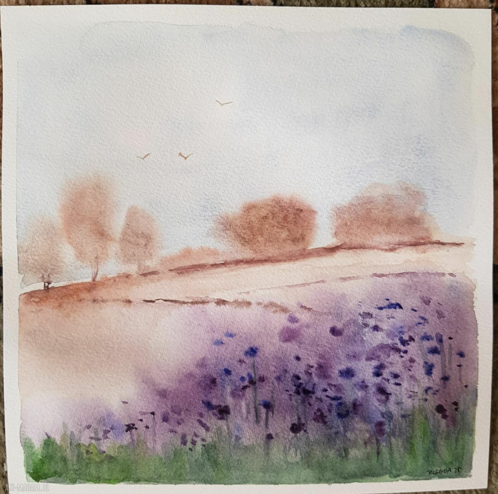 Oryginalny pejzaż w akwareli 25x25 cm z kwiatami (bez ramy)