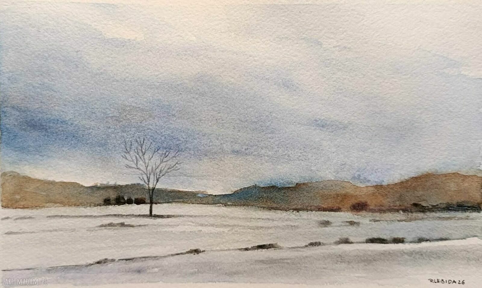 Sygnowany pejzaż w akwareli 15x24 cm - oryginalny obraz bez oprawy