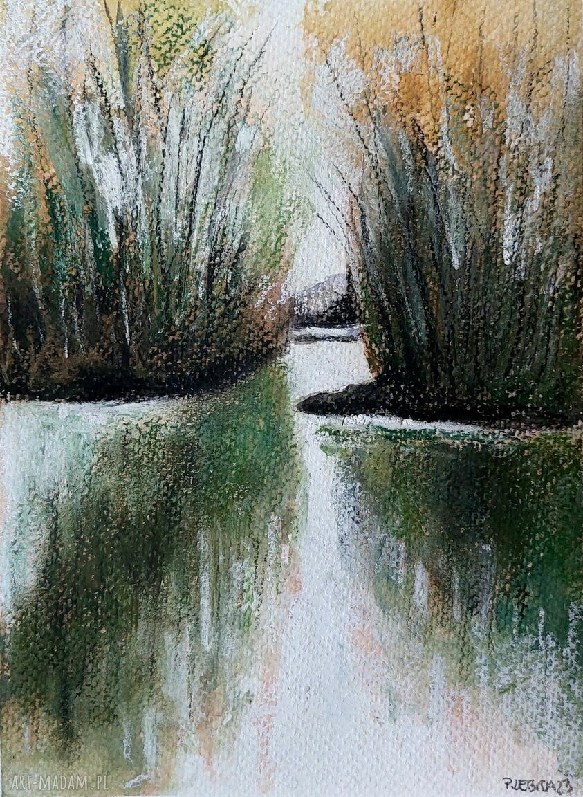 Pejzaż akwarela i pastele 18x24 cm - beż, zieleń, biel