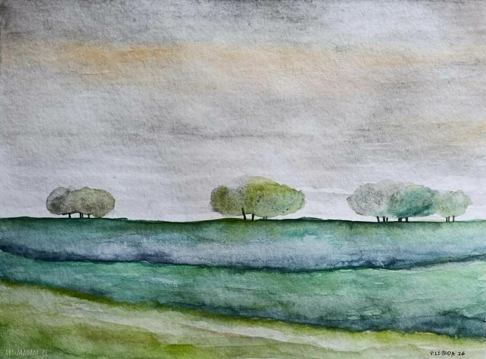 Oryginalny pejzaż akwarela 18x24 cm - zielone i pomarańczowe